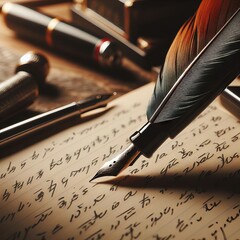An elegant quill pen rests on a page filled with flowing script, evoking the art of traditional correspondence. The warm ambiance suggests contemplation and the personal touch of handcrafted words.
