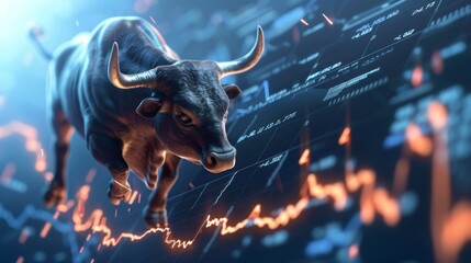 3D Bull Breaking Through Financial Chart, Signifying Optimistic Market Outlook with Key Performance Metrics - obrazy, fototapety, plakaty