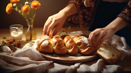A loaf of bread on a wooden board with a knife on it A woman make shabbat bread challah near by a yellow flower with a glass of milk Ai Generative 