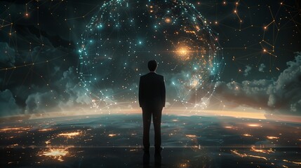 In the presence of a futuristic holographic Earth projection, a man in a suit epitomizes the synergy between global connectivity and modern business innovation - obrazy, fototapety, plakaty