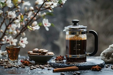 Serene Brew: French Press Coffee Amidst Blooming Spring Flowers