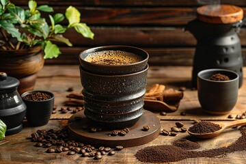 Fototapeta na wymiar Rustic Brew: Handcrafted Coffee in a Stack of Stoneware Cups