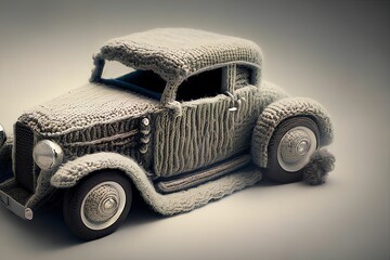 Car toys in knitted material - obrazy, fototapety, plakaty