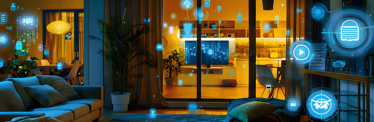 Modern smart home with connected infrastructure. Automation and connected devices. - obrazy, fototapety, plakaty
