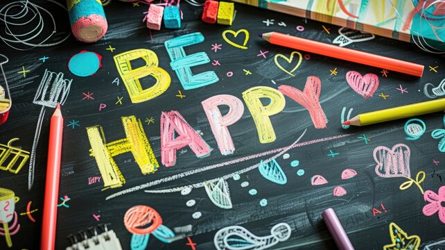 text "BE HAPPY" draw with colorful chalk on blackboard. generative ai