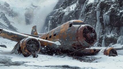 Plane crashed. Wreckage of airplane lies in field. Sad scene. The aftermath of a terrible aircraft fall. Snowy mountains. Old ruins. Bad accident concept. - Powered by Adobe