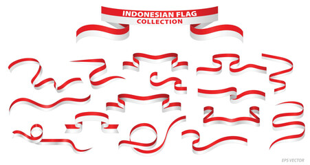 Set of Indonesia Ribbon flag isolated on white. 3D Illustration