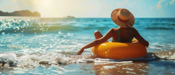 Woman Sitting on Inflatable Raft in Ocean - obrazy, fototapety, plakaty