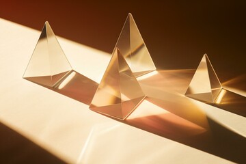 Triangular prisms casting long shadows in soft lighting 