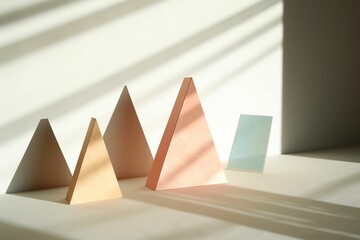 Triangular prisms casting long shadows in soft lighting 