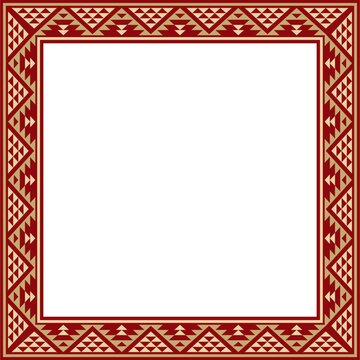 Vector gold with red square national Indian patterns. National ethnic ornaments, borders, frames. colored decorations of the peoples of South America, Maya, Inca, Aztecs.