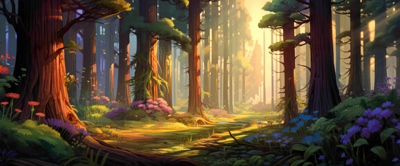 Delightful gradient forest with sunlight filtering through the trees, painting the cutest and most beautiful patterns on the forest floor. - obrazy, fototapety, plakaty