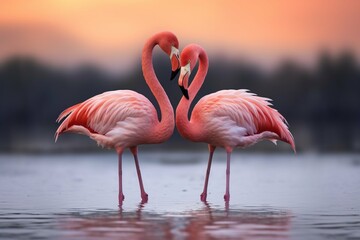 Two flamingos in a dance, necks creating a heart shape 