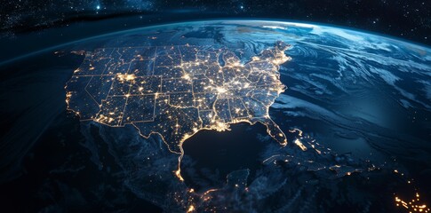 Big city lights view from space. Planet earth globe with night realistic USA  map. America, Communication concept, Data Human Connectivity, horizontal background wallpaper