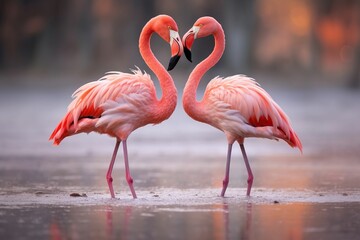 Two flamingos in a dance, necks creating a heart shape  - obrazy, fototapety, plakaty
