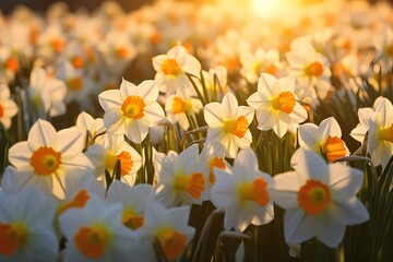 Sunlit daffodils captured from above, a cheerful scene ready for personalized words.