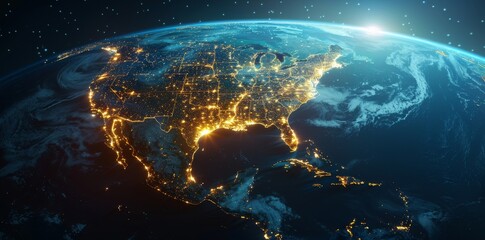 Fototapeta na wymiar Big city lights view from space. Planet earth globe with night realistic USA map. America, Communication concept, Data Human Connectivity, horizontal background wallpaper
