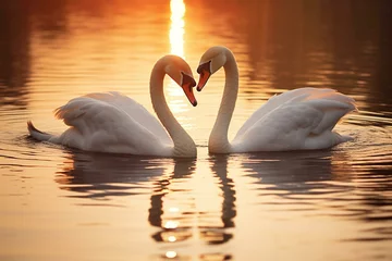  Two intertwined swans at golden hour, casting reflections on a calm lake surface  © Dan