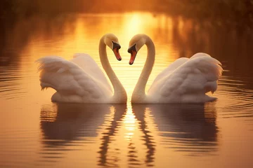 Deurstickers Two intertwined swans at golden hour, casting reflections on a calm lake surface  © Dan