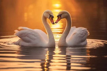 Rollo Two intertwined swans at golden hour, casting reflections on a calm lake surface  © Dan