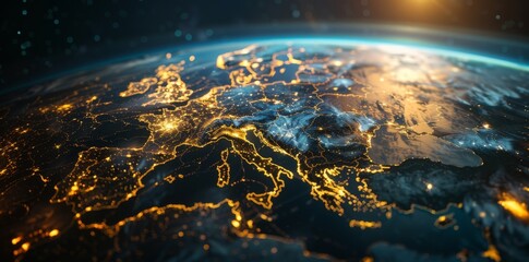 Big city lights view from space. Planet earth globe with night realistic Europe map. Communication concept, Data Human Connectivity, horizontal background wallpaper