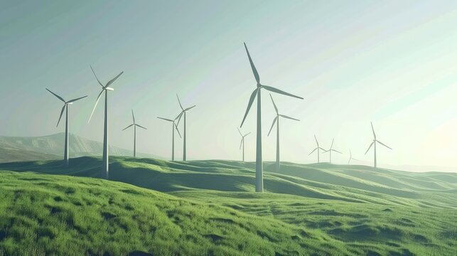 a windpower park, with green, black, and white colors, realistic 