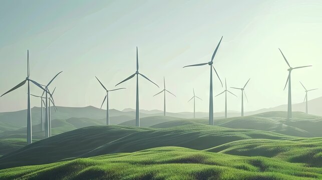 a windpower park, with green, black, and white colors, realistic 