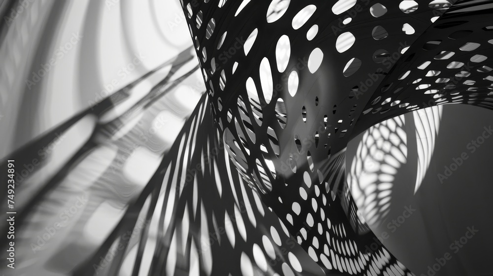 Poster monochrome abstract photograph showcasing the play of light and shadow through a perforated structur