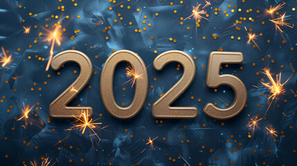 Happy New Year 2025, festive gold typography numbers design over dark blue background  with confetti and sparklers.