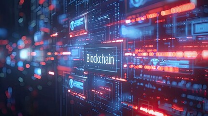 Blockchain technology with text, edge computer concept - obrazy, fototapety, plakaty