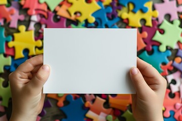 childs hands holding a white rectangular blank paper, colorful puzzle pieces in the background - obrazy, fototapety, plakaty