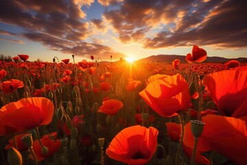 Vibrant poppy field under a cloudless sky, with the sun casting a warm glow 