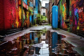 Vibrant street art reflected in an alleyway's rainwater 