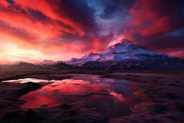 Vibrant sunset over a dormant volcanic mountain range 