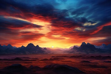 Naklejka premium Vibrant sunset over a dormant volcanic mountain range 