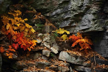 Vivid autumn leaves framing the dark depths of a limestone ravine 