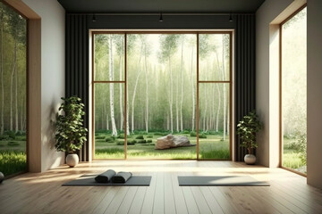 panoramic yoga studio with mountains. yoga room interior. The perfect place for physical and mental health.	