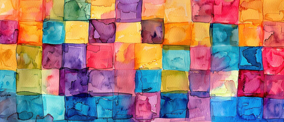 Watercolor Patchwork Squares, Vibrant hues on textured paper, Artistic variety