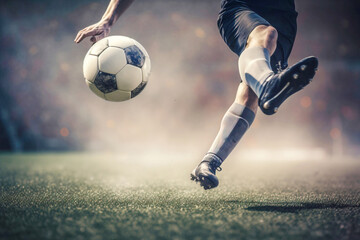 Fototapeta premium foot of football player hits ball in game, background is football stadium stadium.