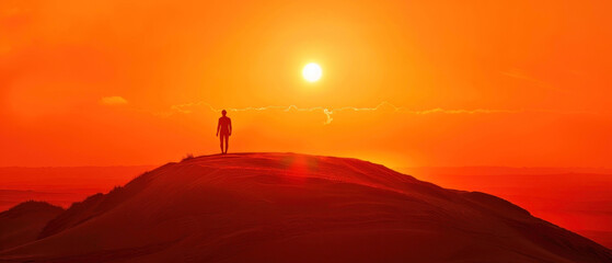 Solitary Dune Figure, Person in stillsuit at sunset, Orange sun backlit solitude