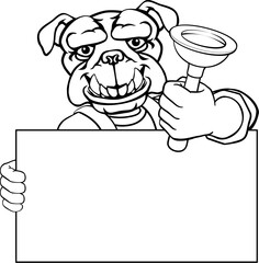 A bulldog plumber handyman plumbing construction cartoon mascot man holding a drain plunger tool.