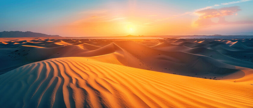 Twilight Desert Panorama, Sunset over sand dunes, High-resolution landscape © Gasi