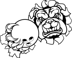 A bulldog dog animal sports mascot holding bowling ball breaking through the background with its claws