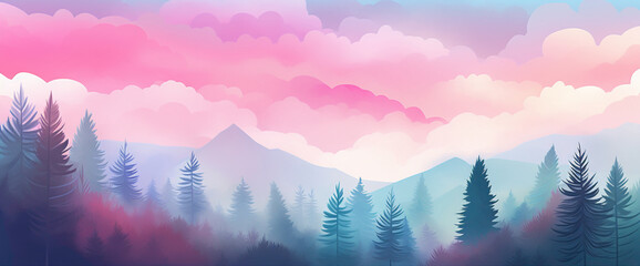 Dreamy gradient forest with misty trees and a colorful sky, presenting the cutest and most...