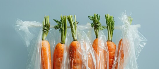 A cluster of vibrant orange carrots tightly wrapped in transparent plastic packaging, ready for retail or consumption. The plastic covering protects the carrots during transportation and ensures - obrazy, fototapety, plakaty