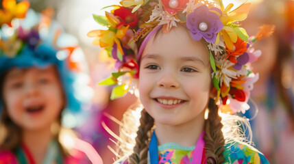 Children parading in handmade, colorful spring costumes, celebrating the season with joy and creativity