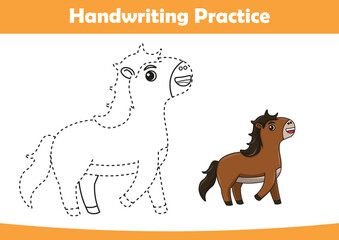 Obraz premium Practice handwriting. tracing lines and coloring horse for children
