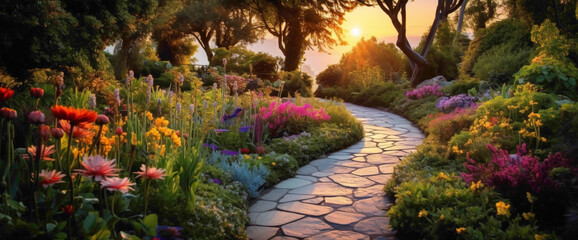 Dreamy gradient garden with winding paths and vibrant flowers, evoking the cutest and most...