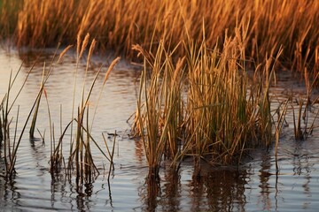 Wild rice stems in marshland 