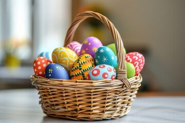Fototapeta na wymiar Easter eggs in wicker basket. Close-up shot with selective focus.